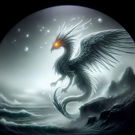 Dragon on the background of the moon and the sea. Vector illustration.の素材