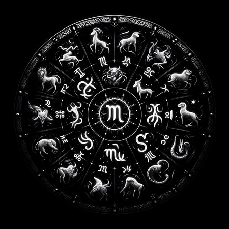 Zodiac circle with astrological symbols isolated on black background.の素材