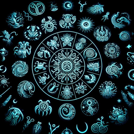 Zodiac signs. Seamless pattern on a dark background.の素材
