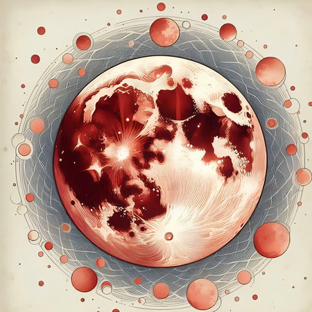 Red planet in space with stars. Vector illustration. Vintage style.の素材
