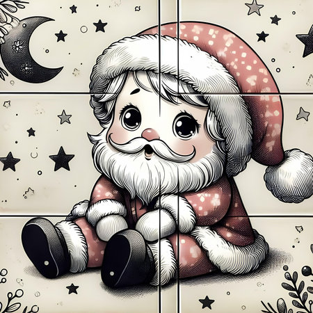 Santa Claus sitting on a tiled floor and looking at the moon.の素材