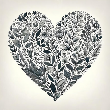 Hand drawn heart with flowers and leaves. Vector illustration in vintage style.の素材