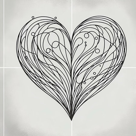 Heart drawn with lines and curls on a white background. Vector illustration.の素材