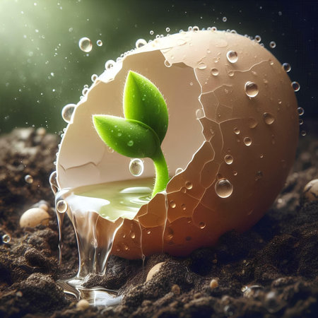 Egg with sprout in water drops, concept of new lifeの素材