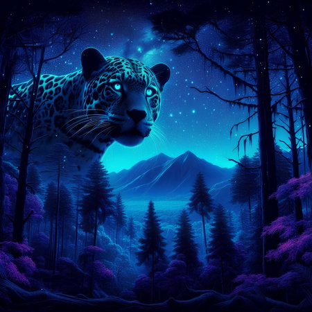 Illustration of leopard in the forest at night. Elements of this image furnished by NASAの素材