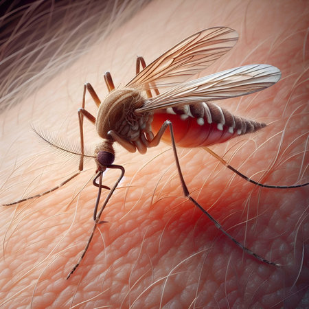 Mosquito sucking blood on human skin. 3d illustration.の素材