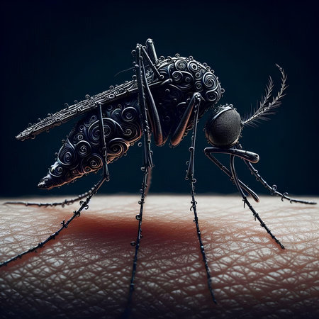 Mosquito on human skin. 3d illustration. Black background.の素材