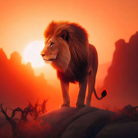 Lion in the jungle at sunset, 3d render illustration.の素材