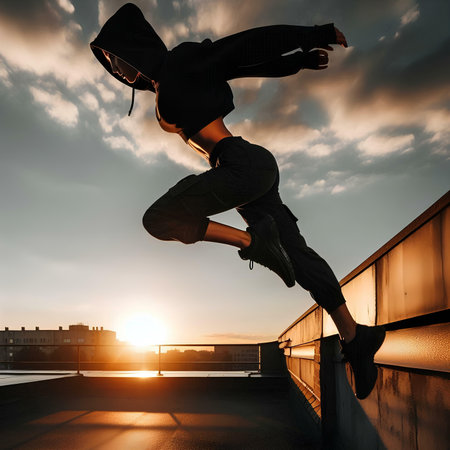 hip hop dancer jumping on the roof of a building at sunset.の素材