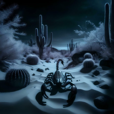 Scorpion and cactuses in the desert. 3D renderingの素材