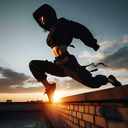 Athletic young woman running on a brick wall at sunsetの素材