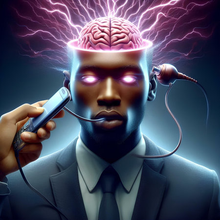 Digital illustration of a man with cell phone and brain in the headの素材