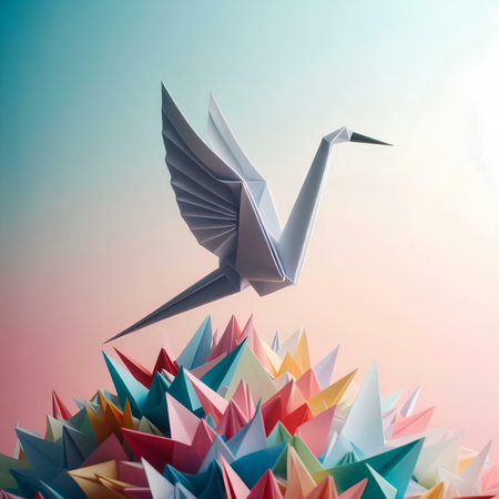 Paper origami crane flying on colorful origami background. 3d renderingの素材