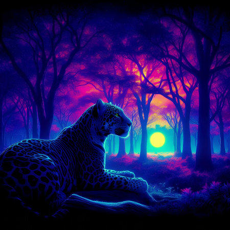 Leopard in the forest at sunset, 3d rendering. Computer digital drawing.の素材