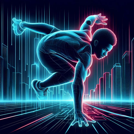 3D rendering of a male figure running in front of a futuristic city backgroundの素材