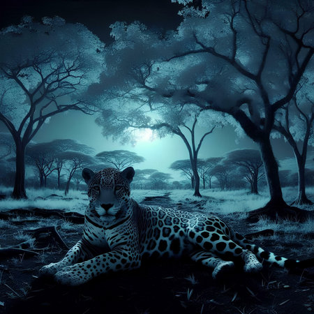 Leopard in the misty forest, 3d render illustration.の素材