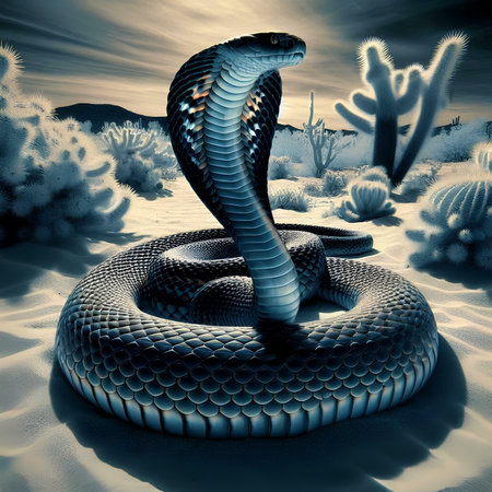 3D rendering of a snake in the desert with cactusの素材