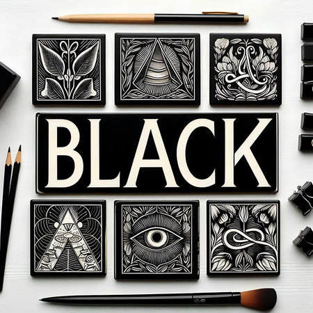 Black and white photo collage with blackboard, pencils and eye shadowsの素材