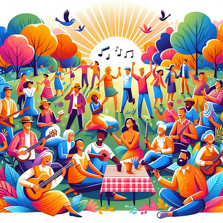 Crowd of people with musical instruments in park. Vector illustration.の素材