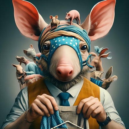 Portrait of a funny cartoon mouse in a blue bandana.の素材