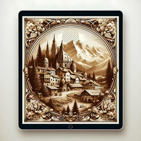 tablet pc with old town in italian alps on screenの素材