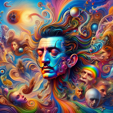 Face of a man with strange patterns on his face. Psychedelic background.の素材