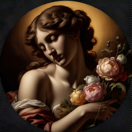 Illustration of a beautiful girl with flowers in her hair on a dark backgroundの素材