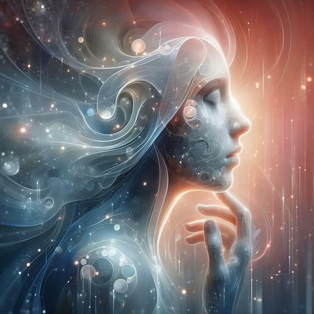 Digital illustration of a female head in a futuristic image. 3D renderingの素材
