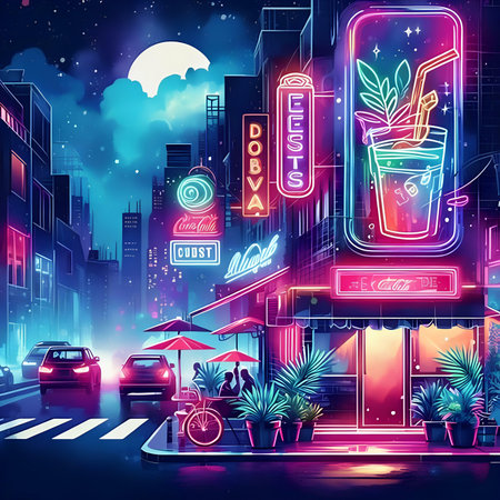 Night city with street cafe, neon signs, night life, vector illustrationの素材