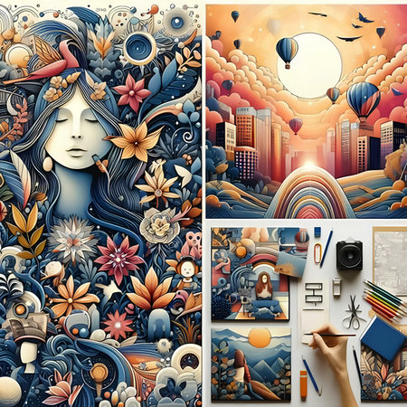 Collage with the image of a girl on the background of the city.の素材