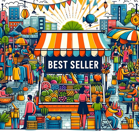 Vector hand drawn illustration of a street food market with people. Best seller concept.の素材