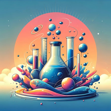 Science background with flasks and test tubes. Vector illustration in retro styleの素材
