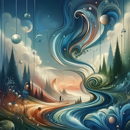 Abstract winter landscape with mountains, forest and fog. Vector illustration.の素材