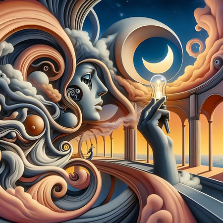 Mystical landscape with a girl holding a light bulb in her handの素材