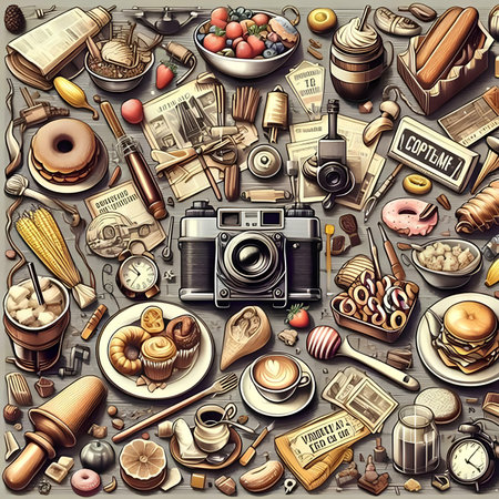 Vintage background with food and drinks. Vector illustration in retro style.の素材