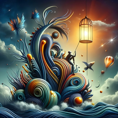 Colorful fantasy landscape with flying birds and clouds. 3d illustrationの素材