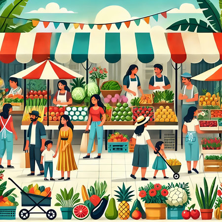 Fruits and vegetables market stall with sellers and buyers. Flat style vector illustration.の素材
