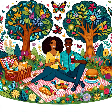 Vector illustration of a happy couple having picnic in the park with food and drinks.の素材