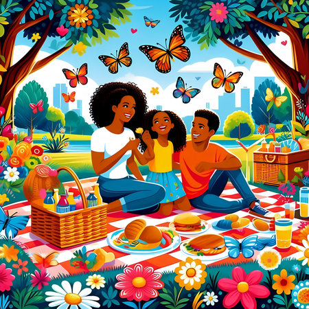 Family picnic in park. Mother, father and children sitting on blanket and eating. vector illustrationの素材
