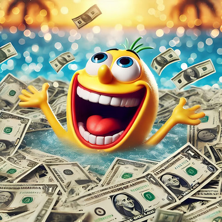 Funny yellow monster on a background of dollars. 3d renderingの素材
