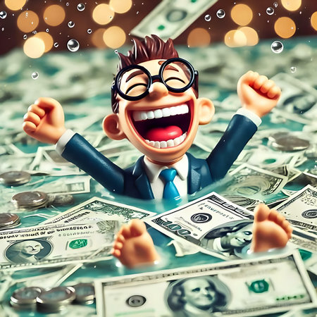 Happy businessman with money and bokeh background. 3d rendering.の素材