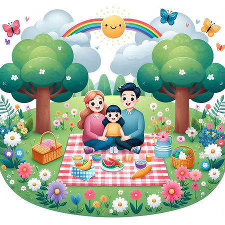 Family picnicking in the park illustration. Mother, father and sonの素材