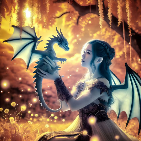 3d illustration of a fairy tale girl with a dragon in the forestの素材