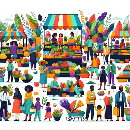Crowd of people buying fruits and vegetables at farmers market. Flat vector illustration.の素材
