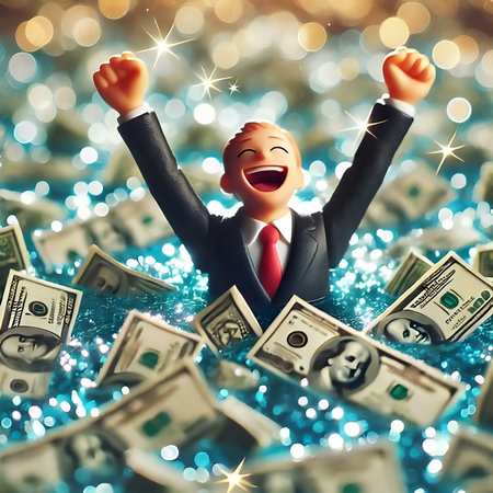 Happy businessman with dollar banknotes on abstract bokeh background.の素材