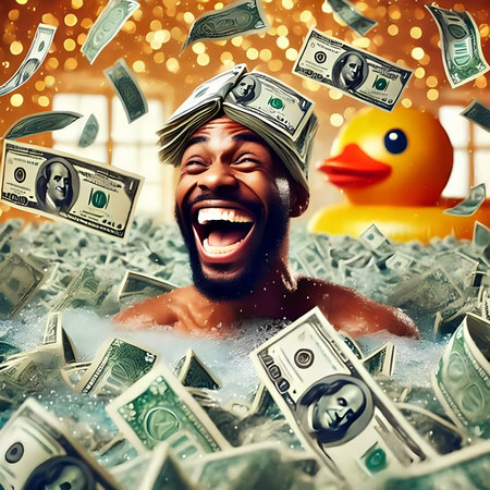 Happy african american man in bathtub with money and duckの素材