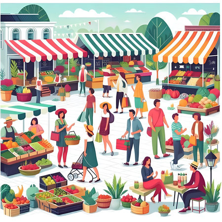 People buying fruits and vegetables at farmers market. Vector illustration in cartoon styleの素材