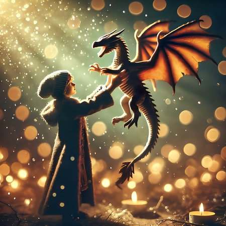Fairy tale girl with dragon and candlelight. Christmas card.の素材