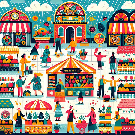 Seamless pattern with people shopping in the market. vector illustrationの素材