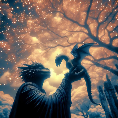 Halloween background with a man and a dragon in the sky.の素材